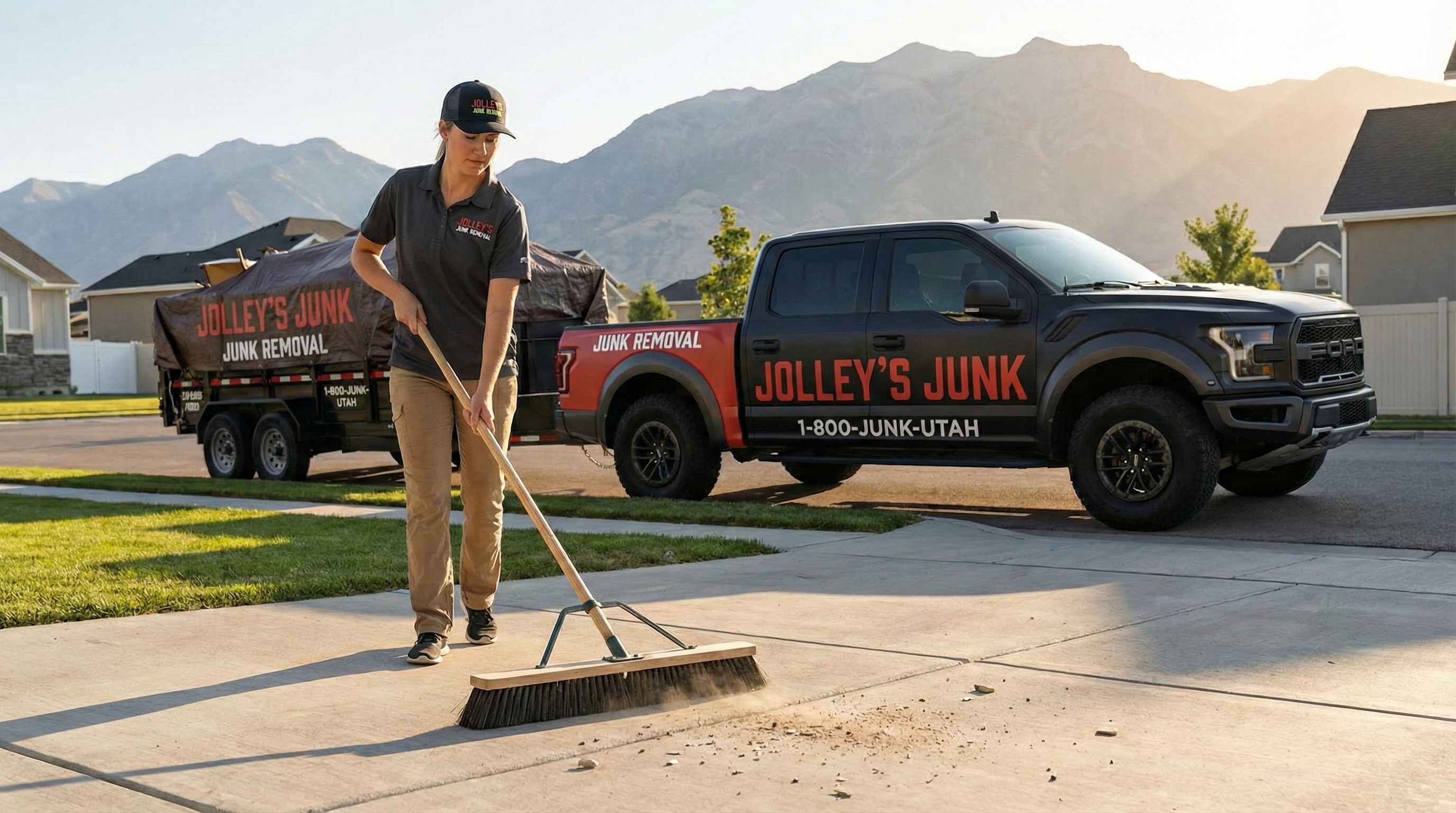 Jolley's Junk Removal team member sweeping up after a job with branded truck